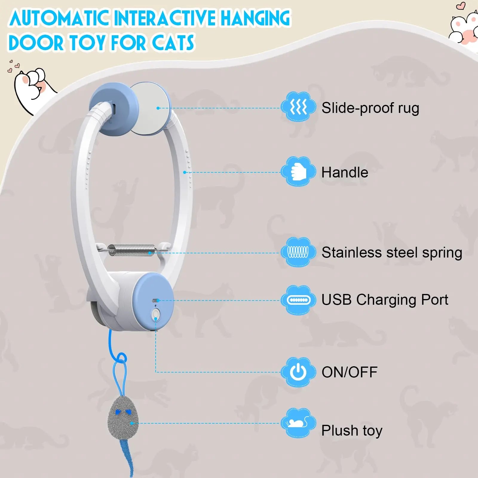 🐭 Brinquedo Retrátil para Porta: 3 Ratos com Catnip – Rebote Automático para Gatos de Interior (Cor Branca)!