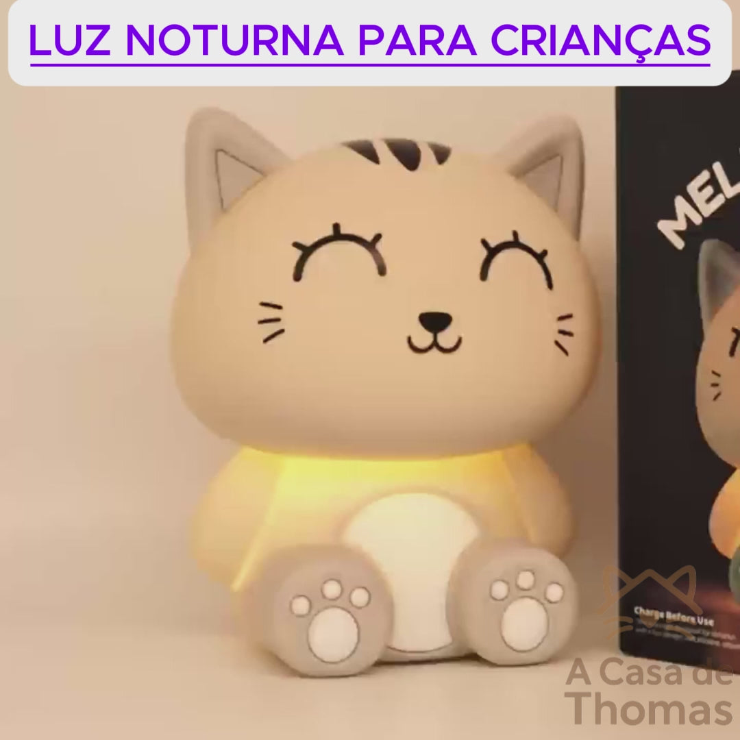 💡 Luminária Noturna Gato Cinza Smart: Recarregável, Dimmer por Toque e Função Timer!